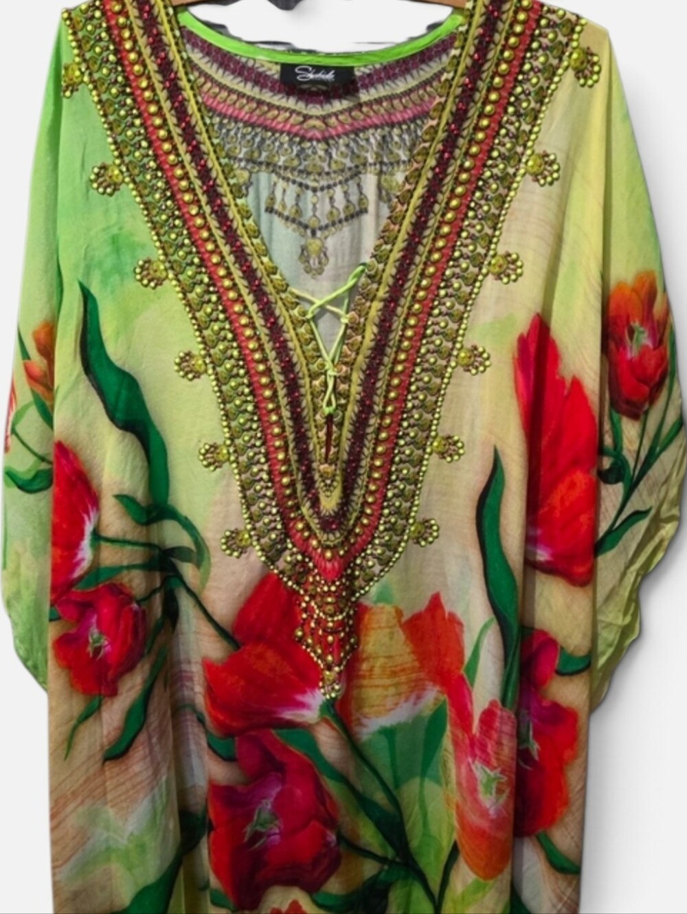 Shahida Parides Beaded Floral Caftan Tunic One Size Viscose Silk Boho Resort